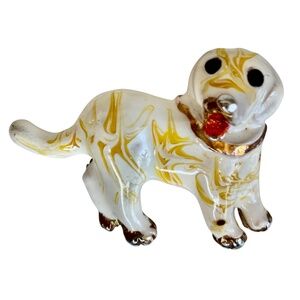 Vintage Enamel Dog Brooch Pendant White With Yellow Swirls Gold-Tone